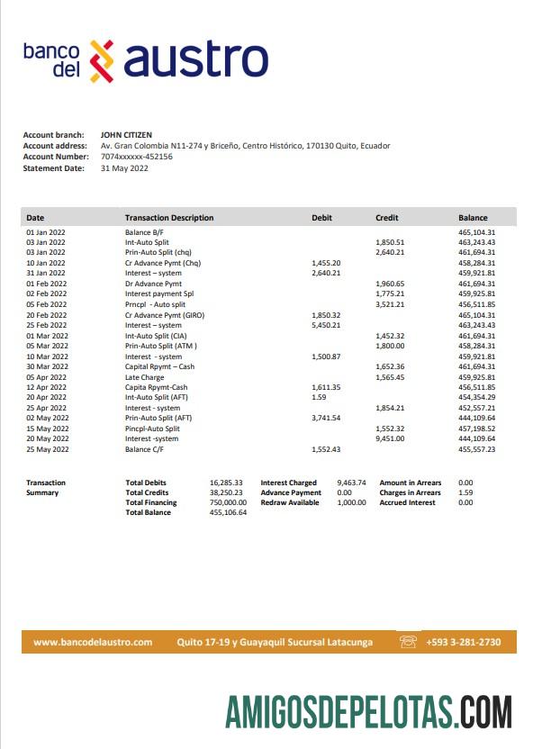 modelo realista de extrato bancário do Equador Banco Del Austro, formato Word e PDF